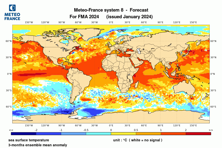 Prévision de l'anomalie de température de surface océanique pour le trimestre février-mars-avril 2024