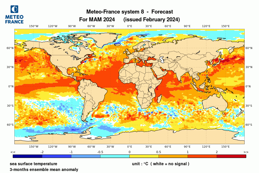 Prévision de l'anomalie de température de surface océanique pour le trimestre mars-avril-mai 2024