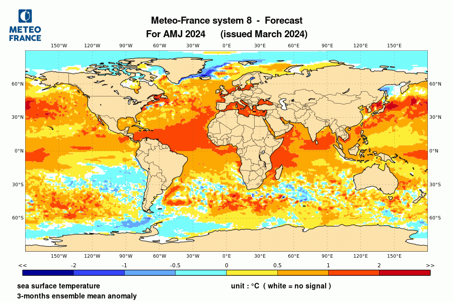 Prévision de l'anomalie de température de surface océanique pour le trimestre avril-mai-juin 2024