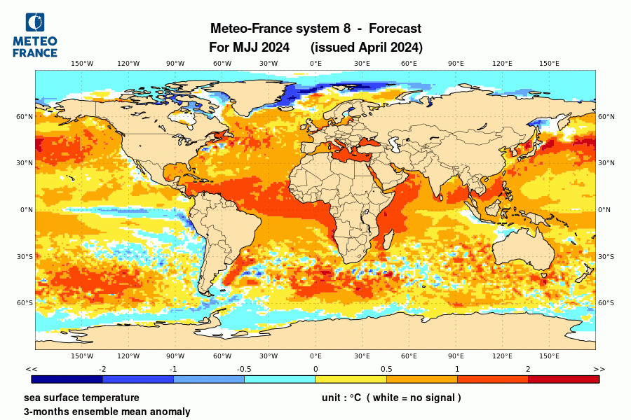 Prévision de l'anomalie de température de surface océanique pour le trimestre mai-juin-juillet 2024