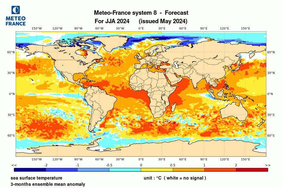 Prévision de l'anomalie de température de surface océanique pour le trimestre juin-juillet-août 2024