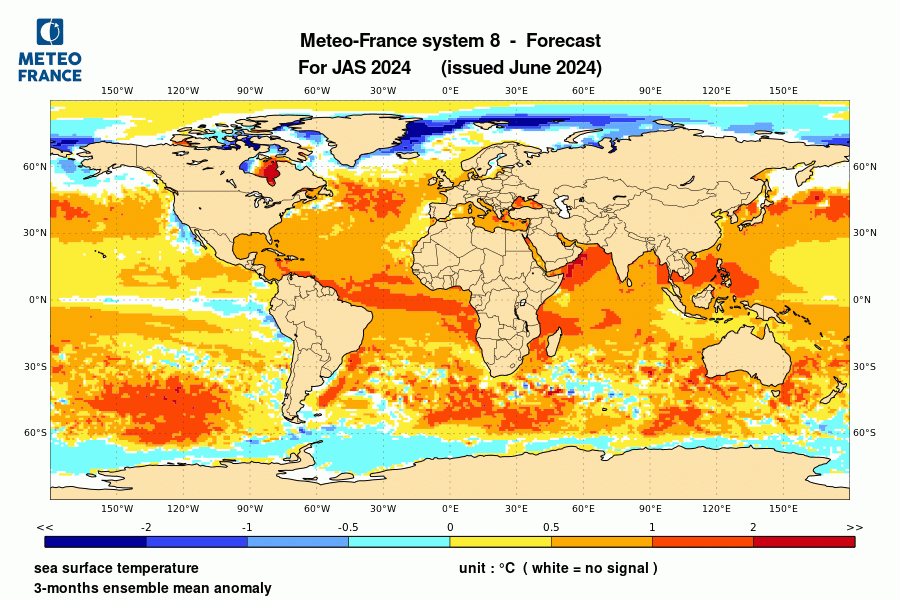 Prévision de l'anomalie de température de surface océanique pour le trimestre juillet-août-septembre 2024
