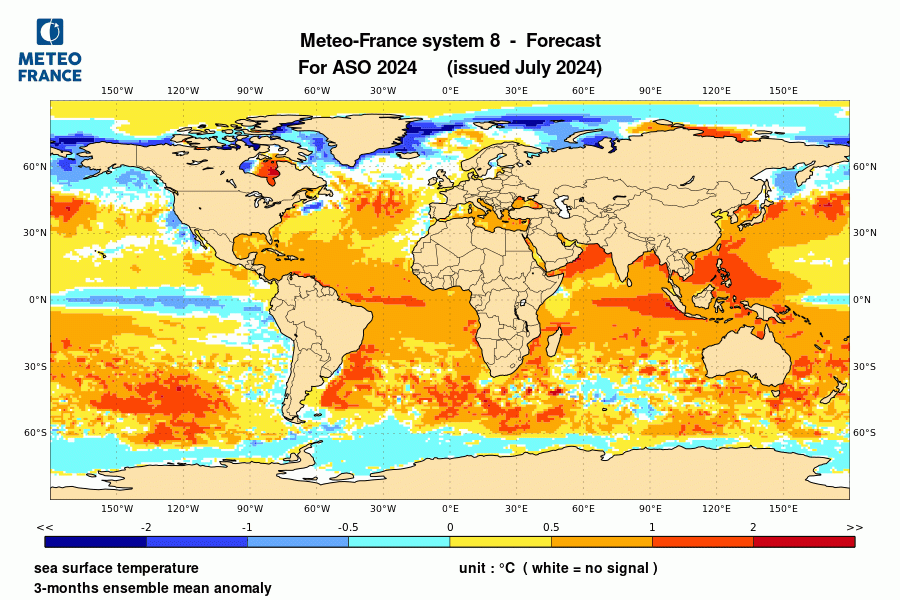 Prévision de l'anomalie de température de surface océanique pour le trimestre août-septembre-octobre 2024