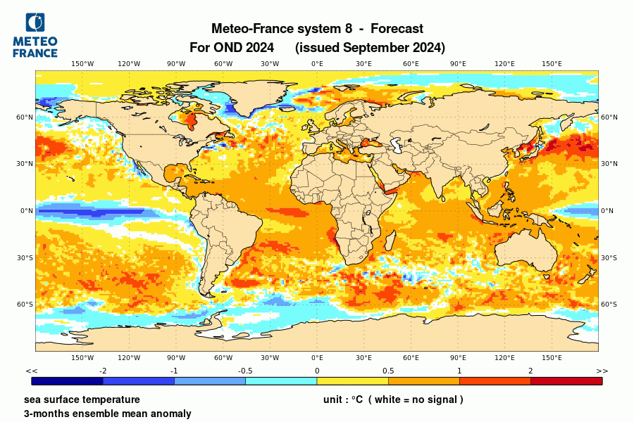 Prévision de l'anomalie de température de surface océanique pour le trimestre octobre-novembre-décembre 2024
