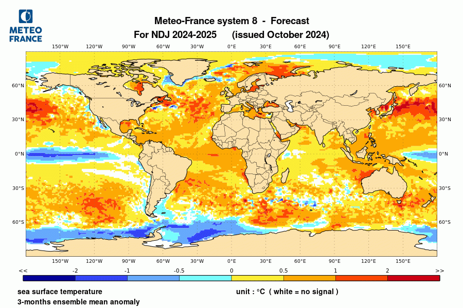 Prévision de l'anomalie de température de surface océanique pour le trimestre de novembre 2024 à janvier 2025