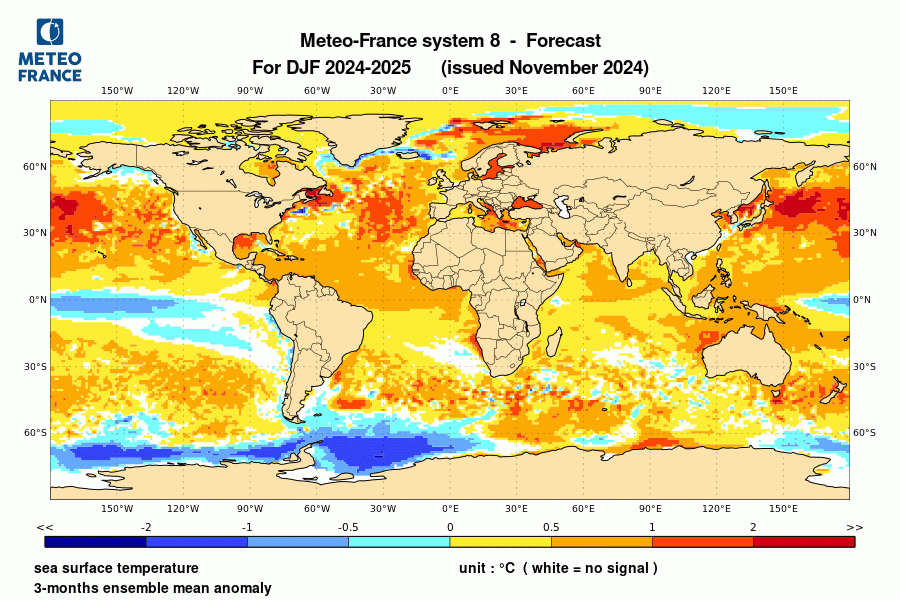 Prévision de l'anomalie de température de surface océanique pour le trimestre décembre 2024 - janvier- février 2025