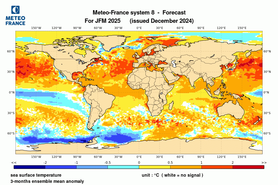 Prévision de l'anomalie de température de surface océanique pour le trimestre de janvier à mars 2025