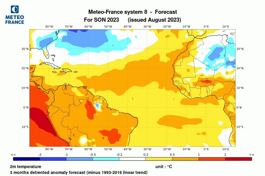Prévision de température pour septembre-octobre-novembre 2023 