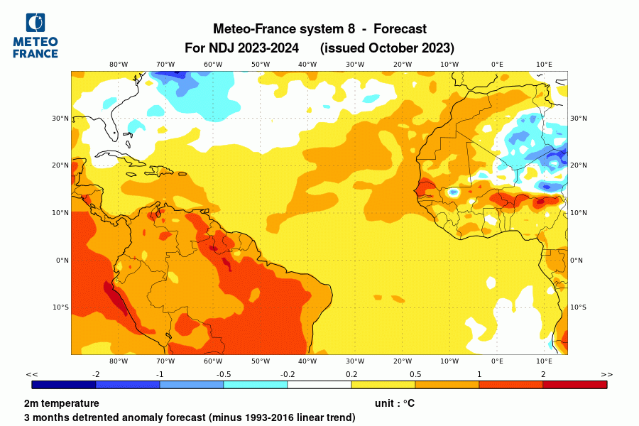 Prévision de température pour novembre-décembre 2023 -janvier 2024