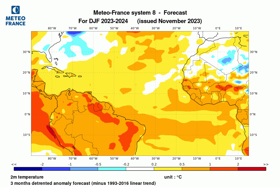 Prévision de température pour décembre 2023 -janvier-février 2024 
