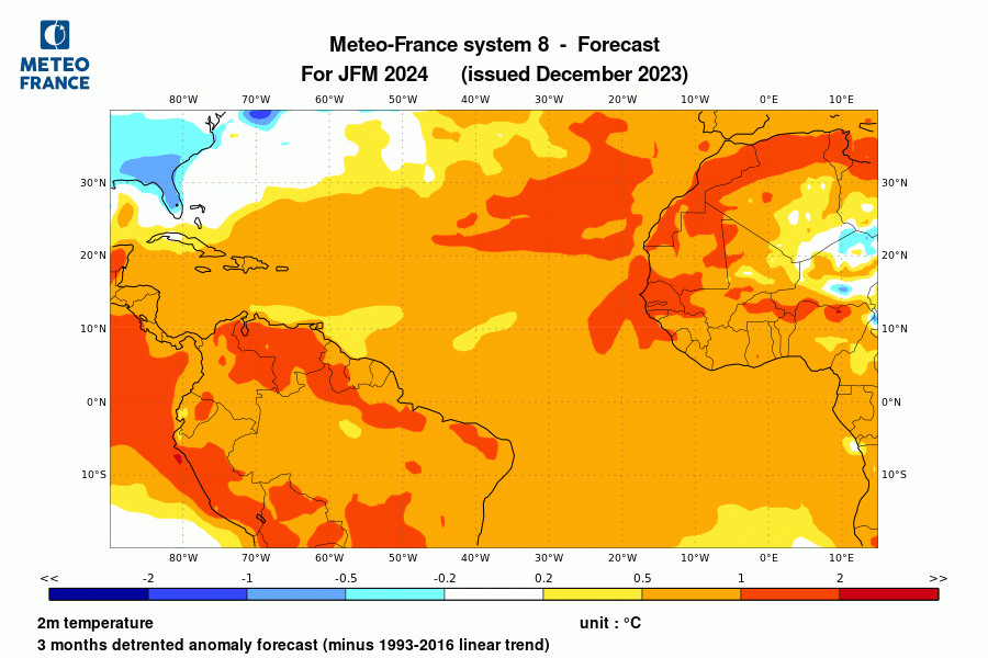 Prévision d'anomalie de température pour janvier-février-mars 2024 