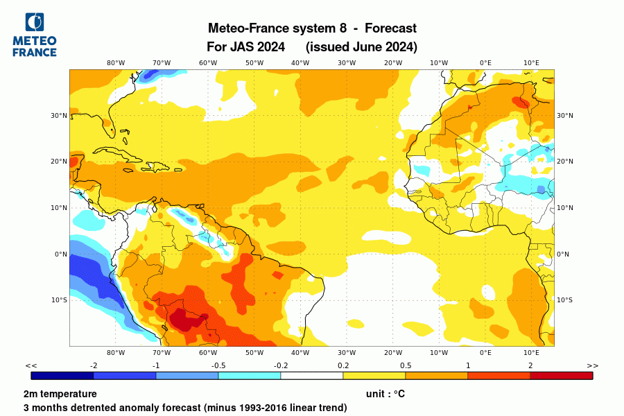 Prévision de l'anomalie de température à 2 m pour le trimestre juillet-août-septembre 2024