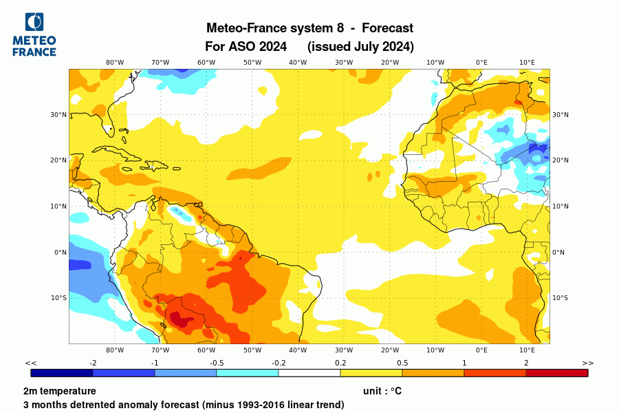 Prévision de l'anomalie de température à 2 m pour le trimestre juillet-août-septembre 2024 