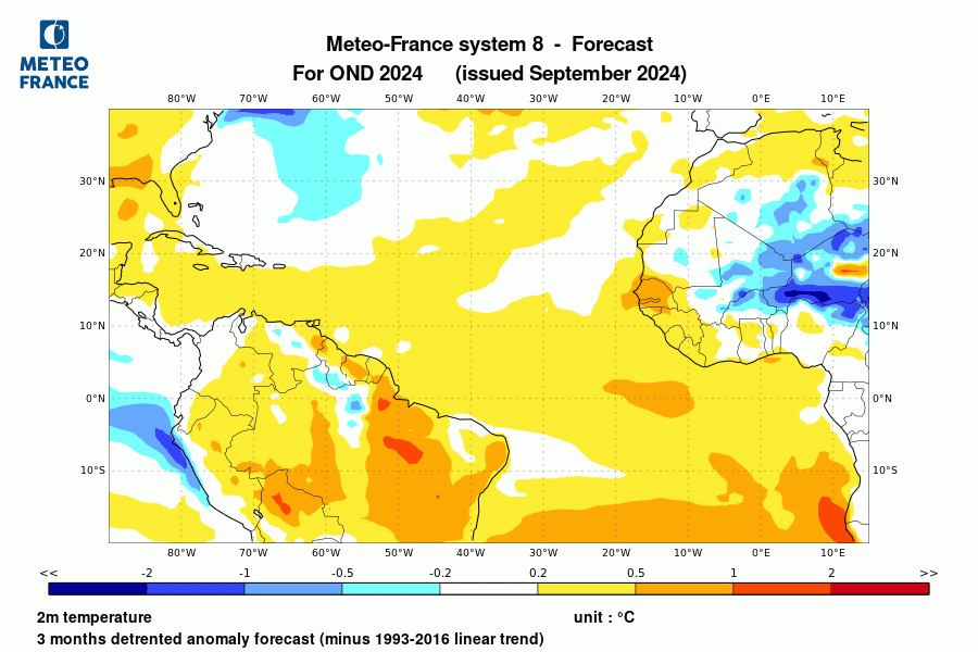 Prévision de l'anomalie de température à 2 m pour le trimestre octobre-novembre-décembre 2024