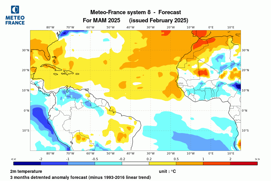 Prévision de l'anomalie de température à 2 m pour le trimestre 