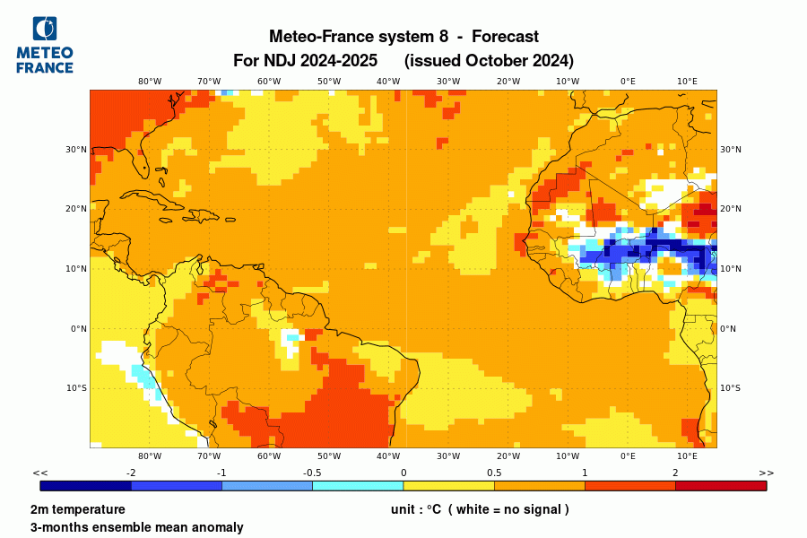 Prévision de l'anomalie de température à 2 m pour le trimestre de novembre 2024 à janvier 2025