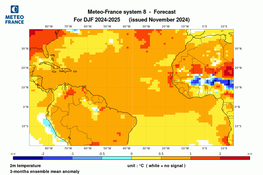 Prévision de l'anomalie de température à 2 m pour le trimestre de décembre 2024 à février 2025