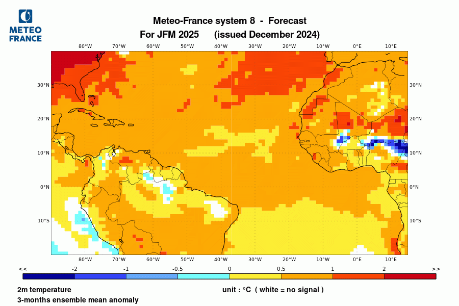 Prévision de l'anomalie de température à 2 m pour le trimestre de janvier à mars 2025