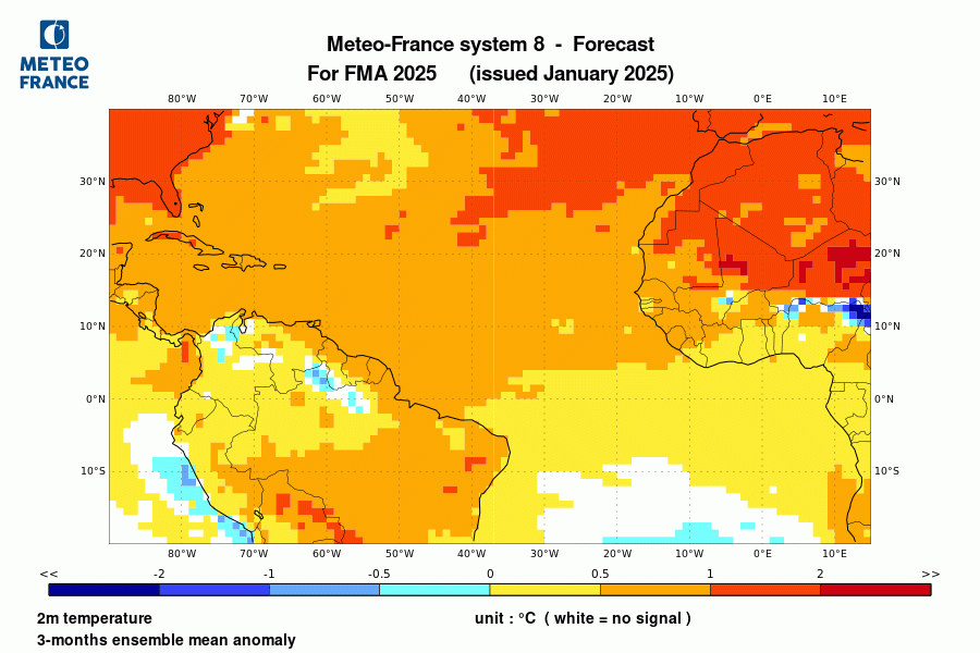 Prévision de l'anomalie de température à 2 m pour le trimestre 