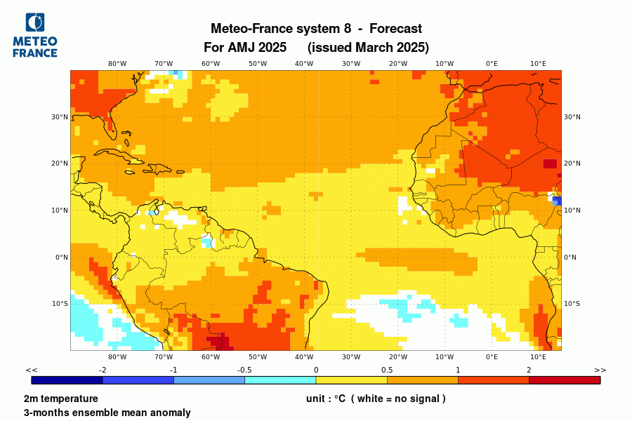 Prévision de l'anomalie de température à 2 m pour le trimestre 
