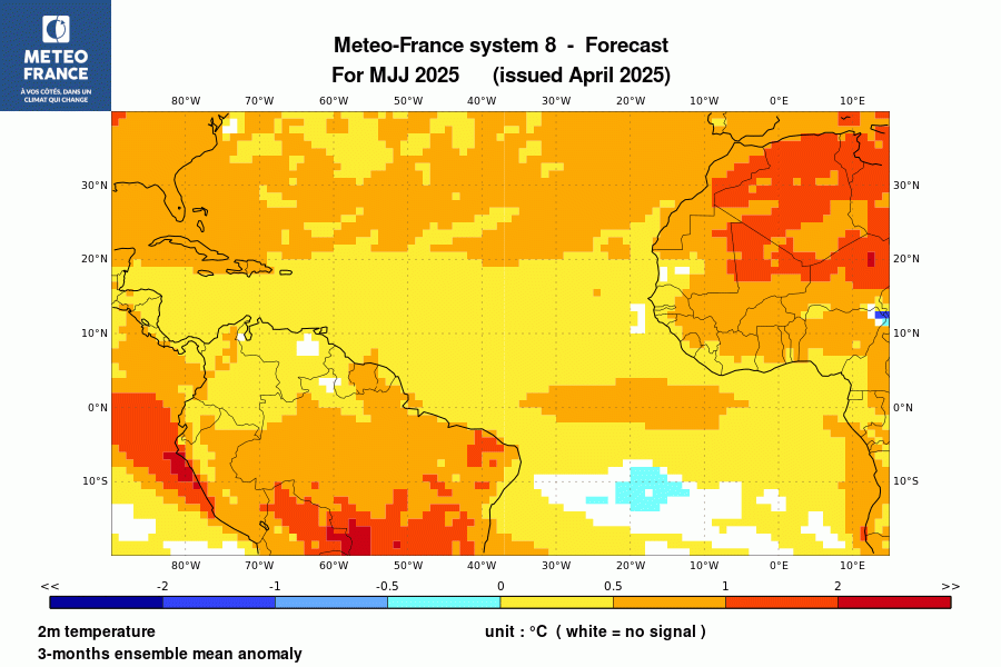 Prévision de l'anomalie de température à 2 m pour le trimestre 