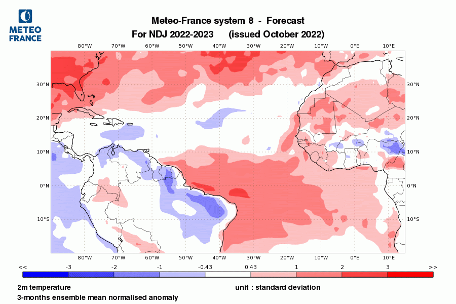 Prévision de l'anomalie normalisée de température à 2m pour le trimestre Novembre-Décembre-Janvier