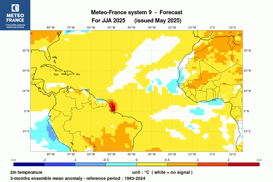 Prévision de l'anomalie de température à 2 m pour le trimestre 