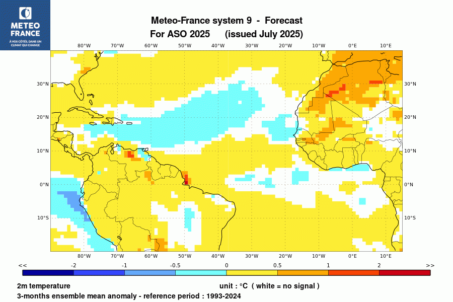 Prévision de l'anomalie de température à 2 m pour le trimestre 