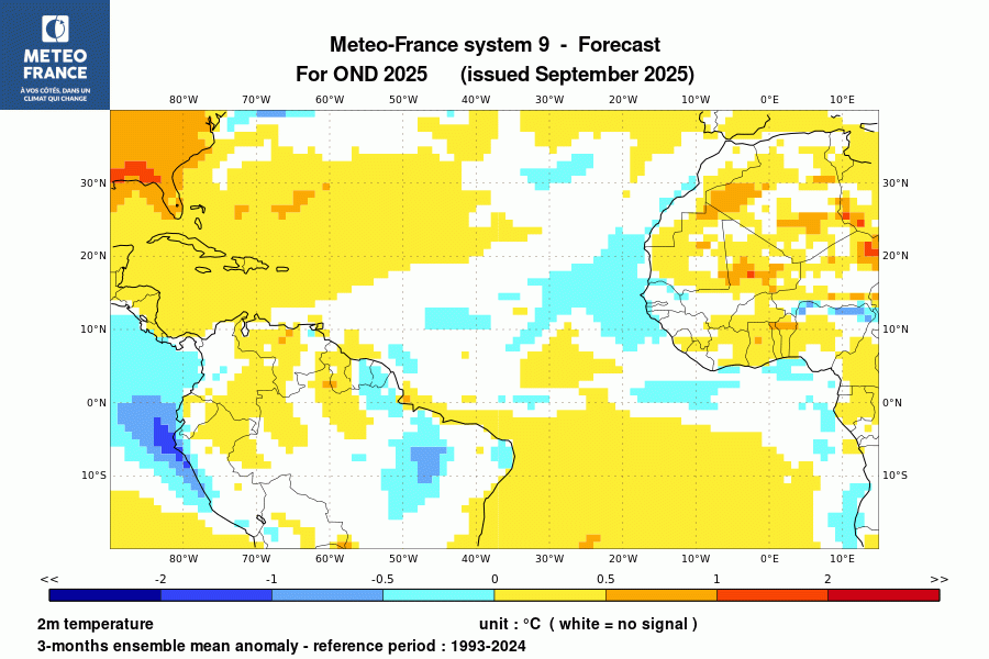 Prévision de l'anomalie de température à 2 m pour le trimestre