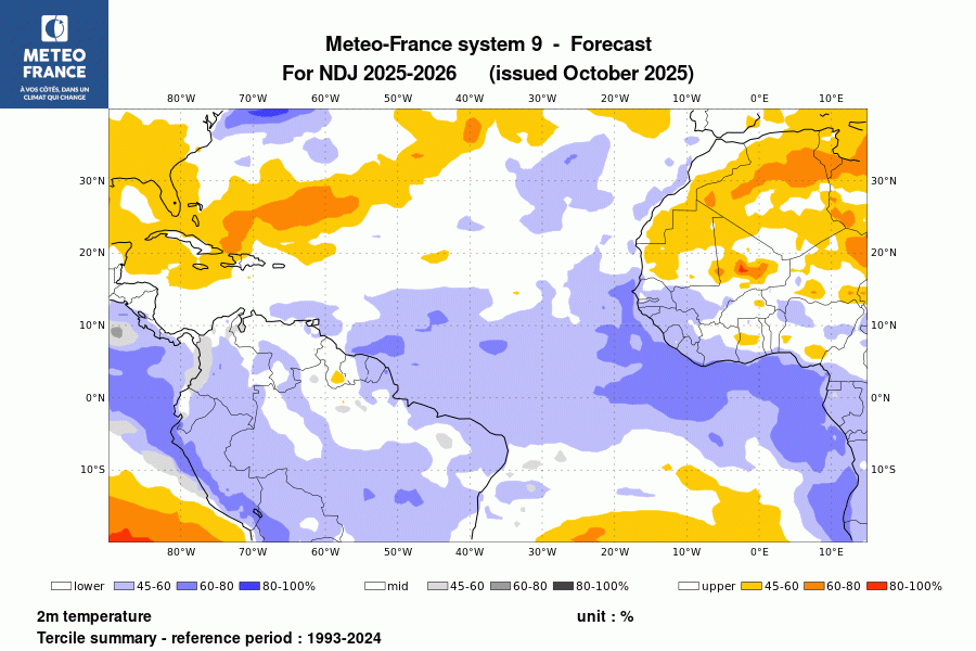 Probabilité de l'anomalie de température à 2 m pour le trimestre