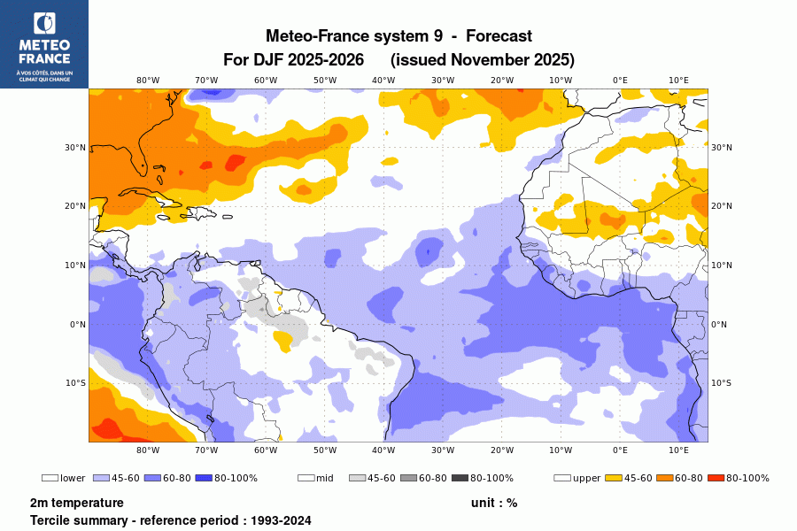 Probabilité de l'anomalie de température à 2 m pour le trimestre