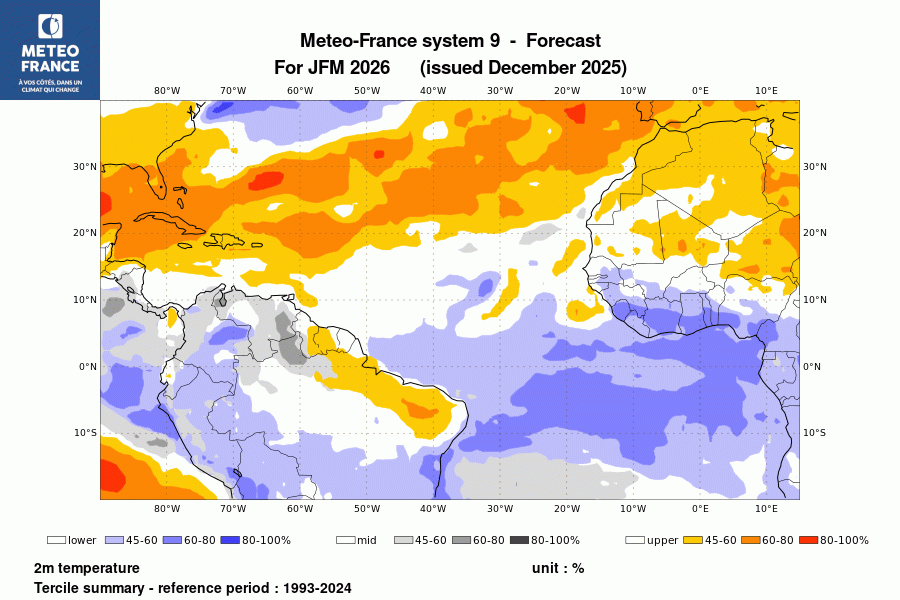 Probabilité de l'anomalie de température à 2 m pour le trimestre
