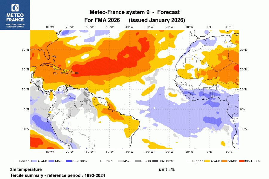 Probabilité de l'anomalie de température à 2 m pour le trimestre