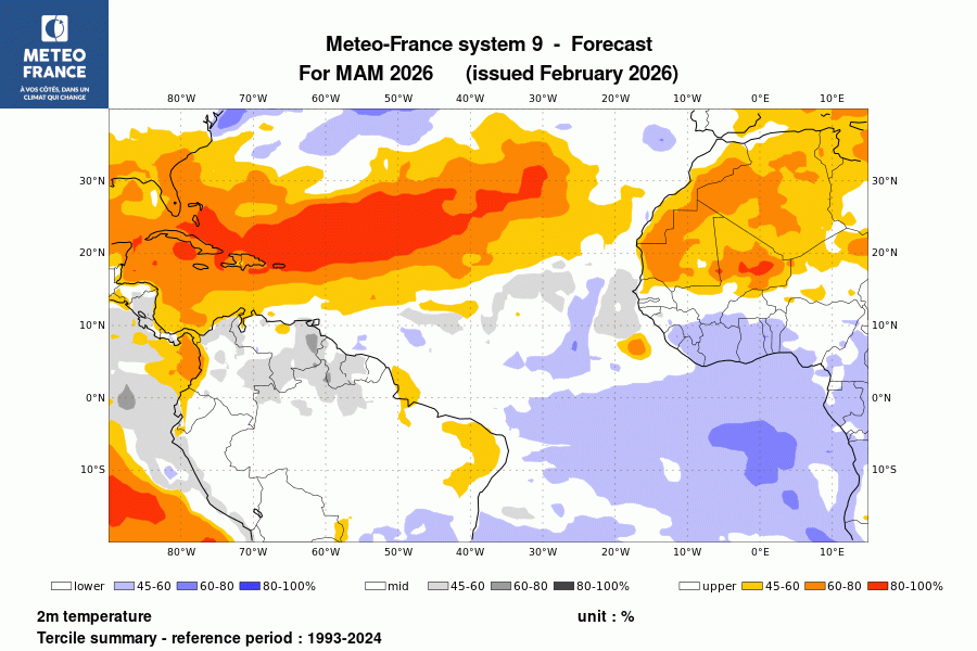 Probabilité de l'anomalie de température à 2 m pour le trimestre