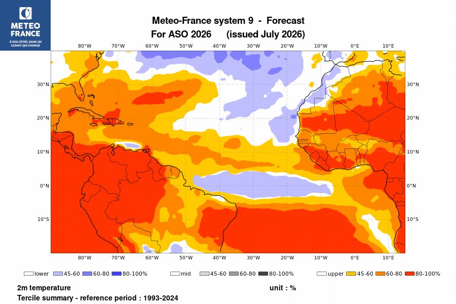 Probabilité de l'anomalie de température à 2 m pour le trimestre