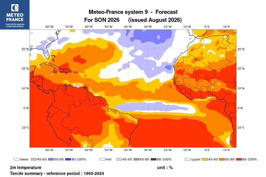 Probabilité de l'anomalie de température à 2 m pour le trimestre