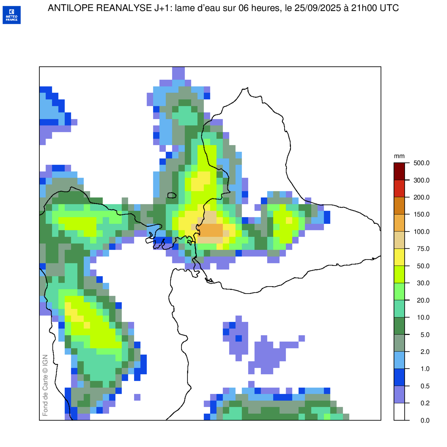 Lame d'eau - cumuls de pluie sur 6h le 25/09/2025 à 17 heures locales