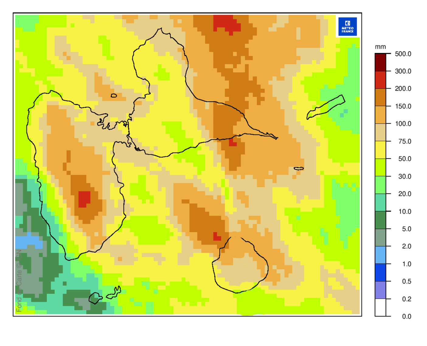 Lame d'eau radar des cumuls de pluie sur 24 h en Guadeloupe le 31 août 2026 à 8 heures locales