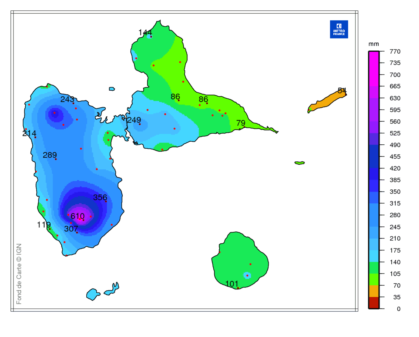 Précipitations mensuelles en Guadeloupe 