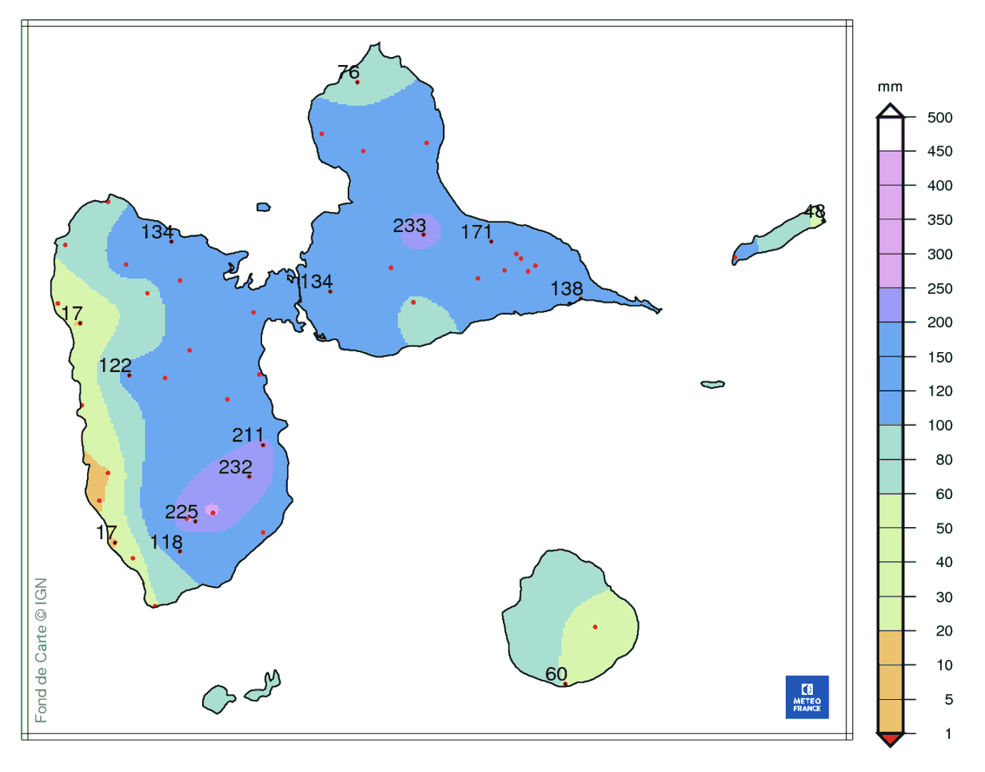 Précipitations mensuelles en Guadeloupe