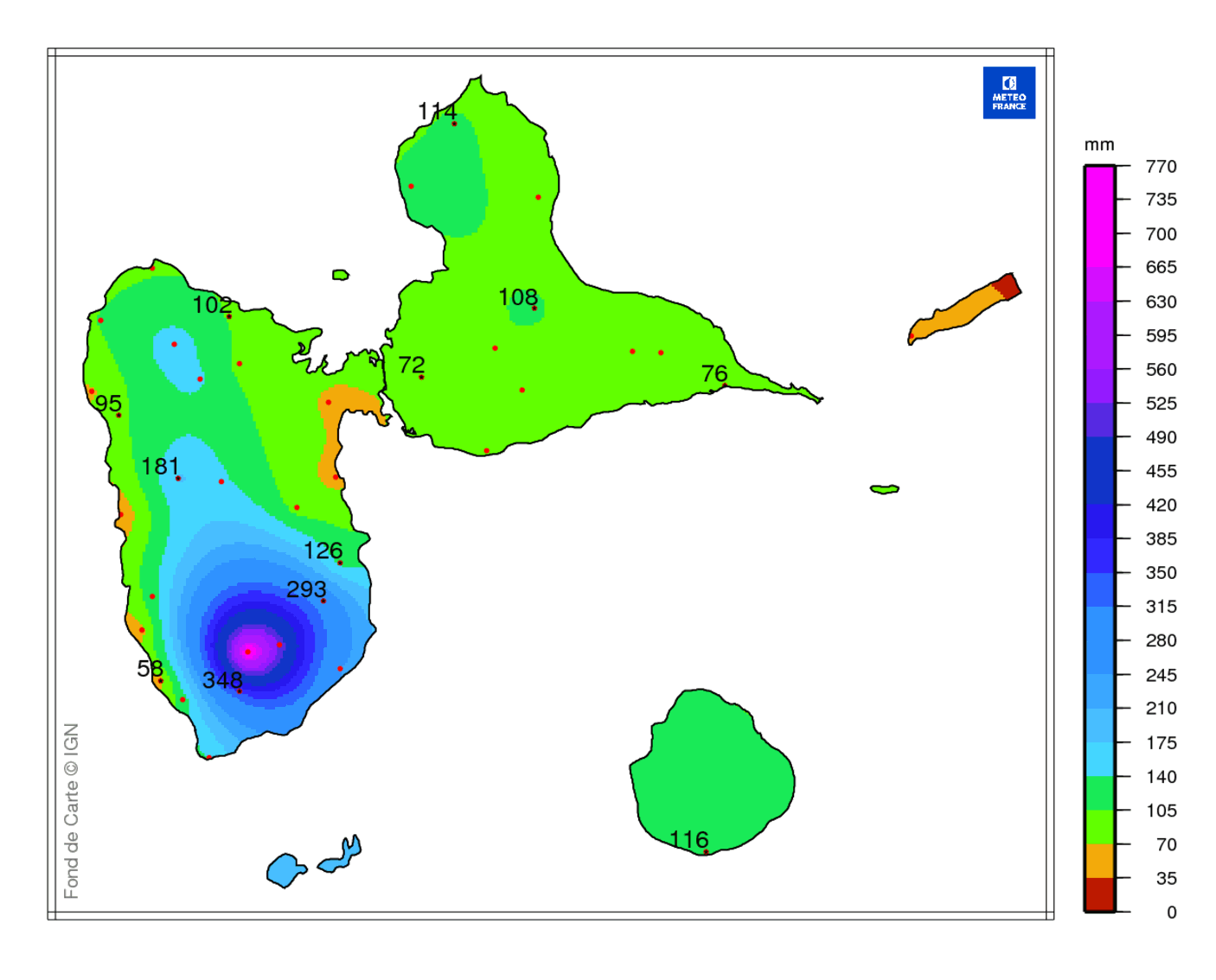 Précipitations mensuelles en Guadeloupe 