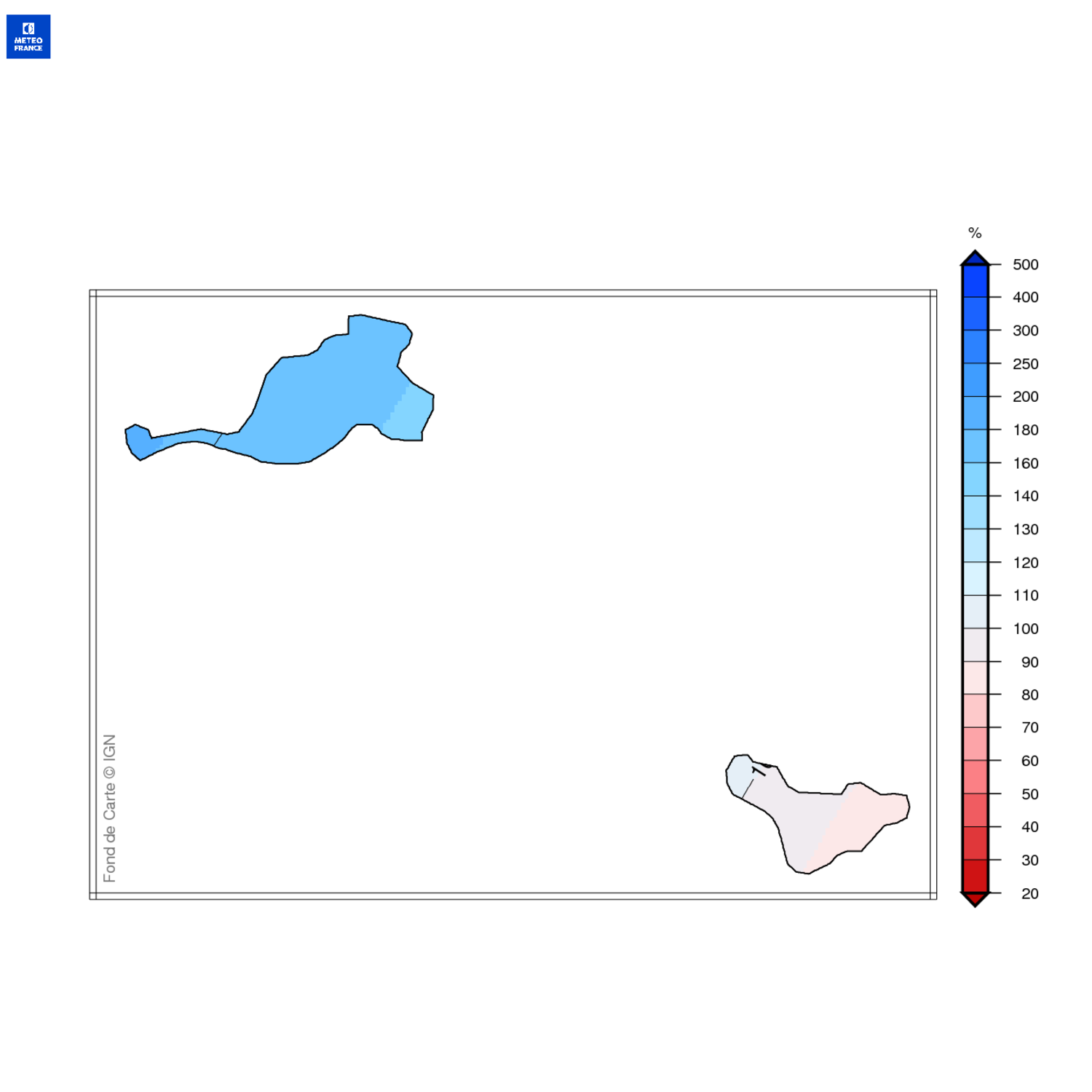 Ecart à la normale 1991-2020 des précipitations mensuelles aux Îles du Nord