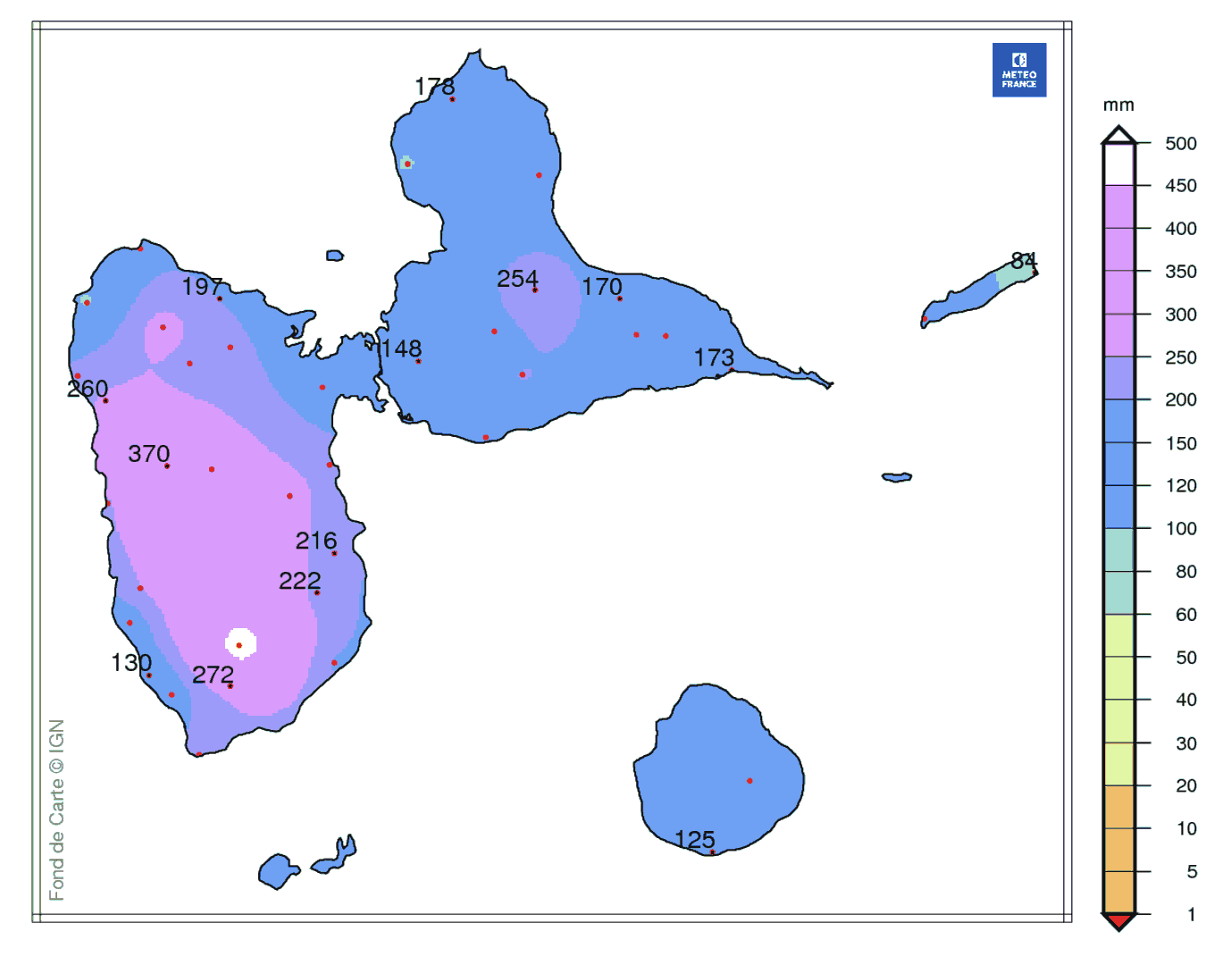 Précipitations mensuelles en Guadeloupe 