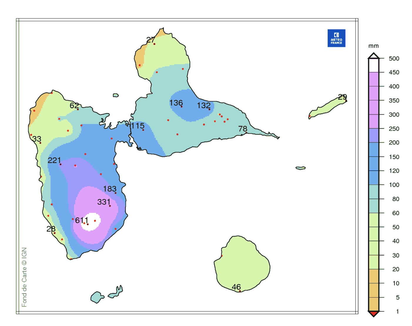 Précipitations mensuelles en Guadeloupe 
