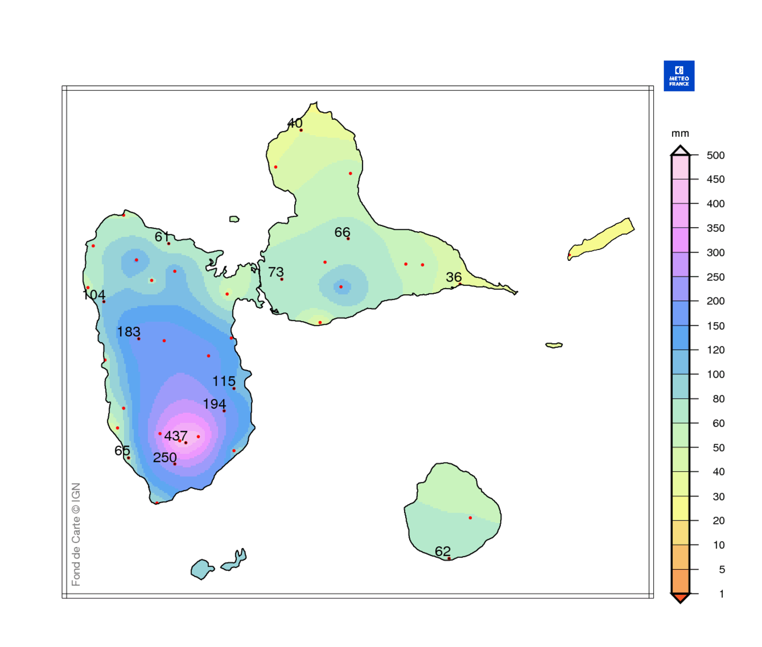 Précipitations mensuelles en Guadeloupe 