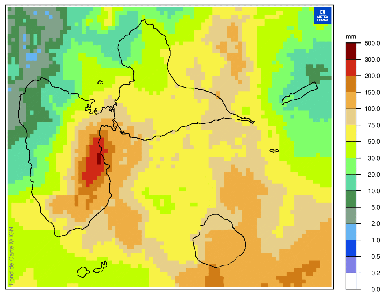 Lame d'eau radar des cumuls de pluie sur 24 h en Guadeloupe le 26 avril 2026 à 17 heures locales