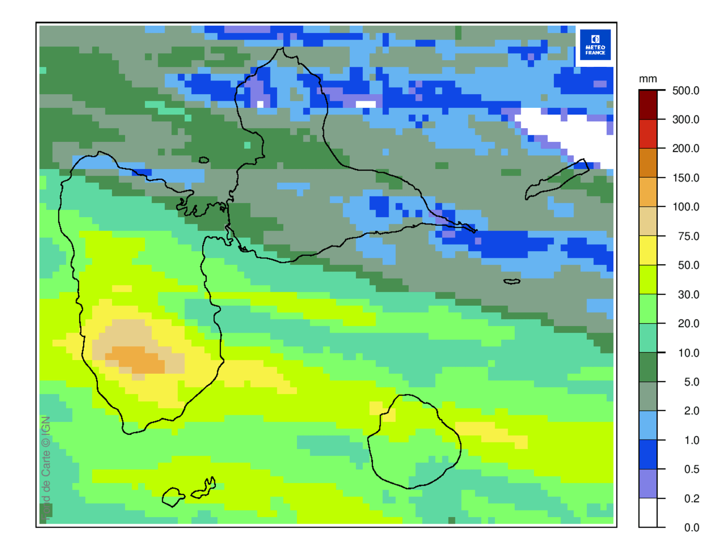 Lame d'eau radar des cumuls de pluie sur 9 h en Guadeloupe le 15 août 2026 à 8 heures locales