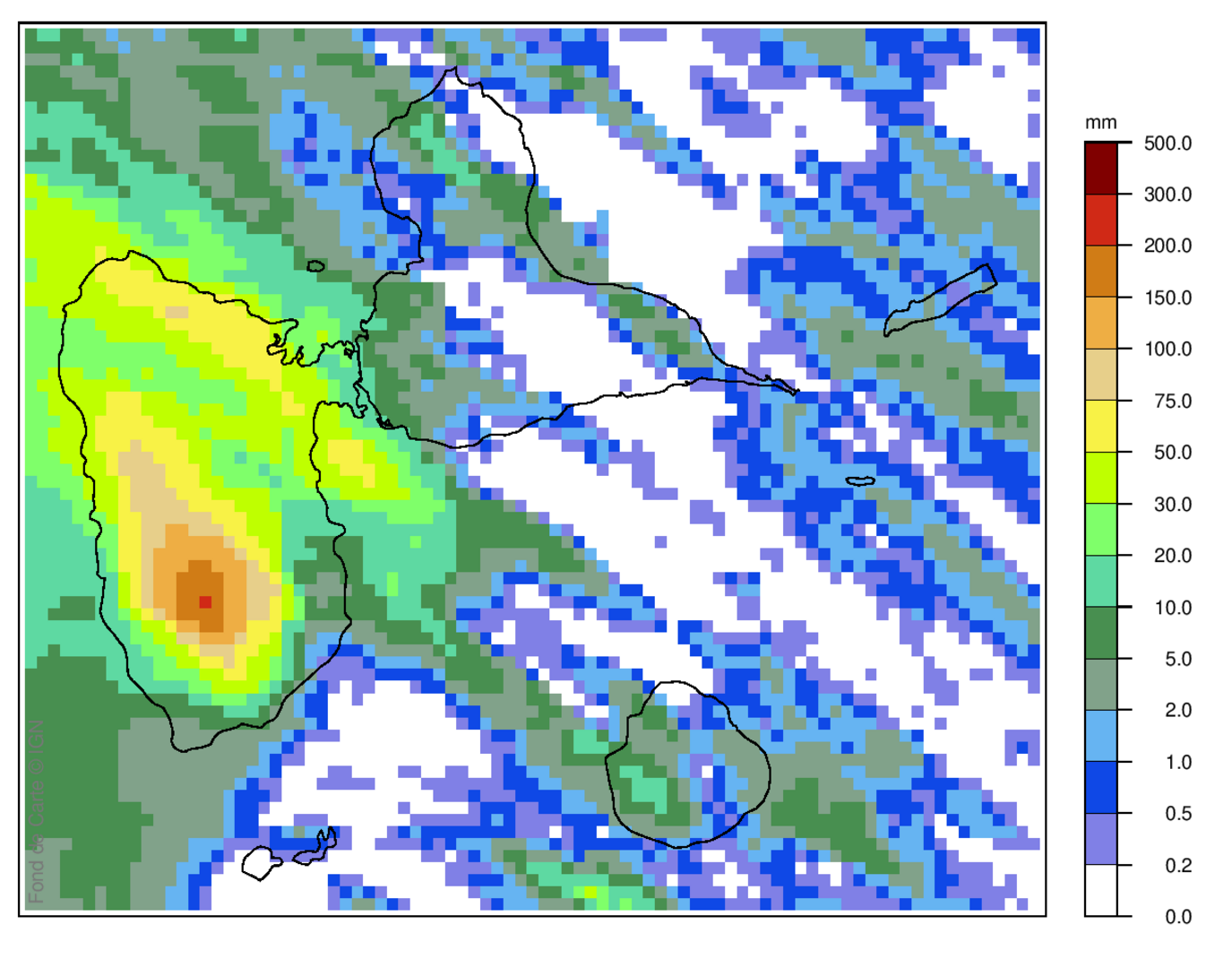 Lame d'eau radar des cumuls de pluie sur 24 h en Guadeloupe le 24 septembre 2025 