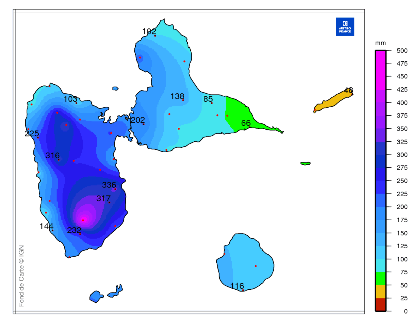 Précipitations mensuelles en Guadeloupe 