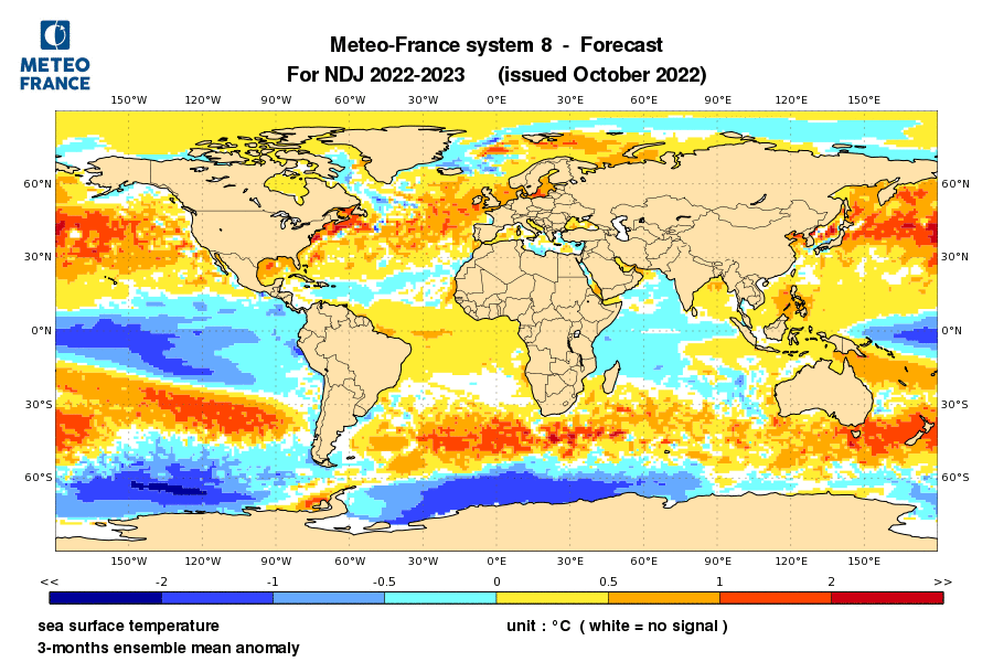 Prévision d'anomalie de température de la surface de la mer NDJ 2022-2023